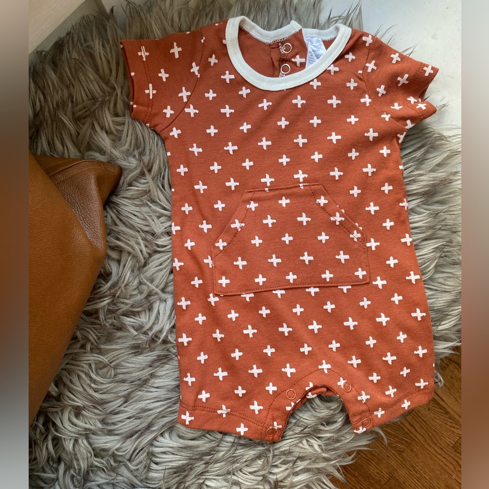 Rust Burnt Orange Baby Onesie Outfit with Modern Swiss Cross Pattern